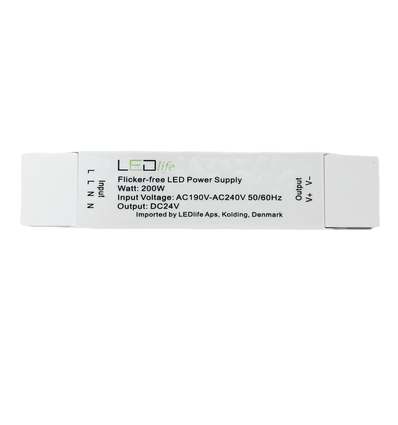 200W / 24V DC strømforsyning - 12.5A, IP20 innendørs, Flicker free