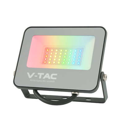 V-Tac 30W RGB+kald hvit lyskaster - Sort hus, fjernkontroll, IP65