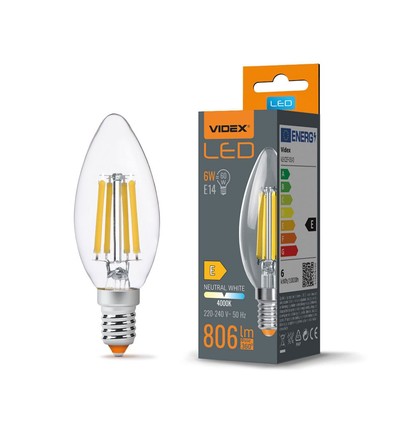 E14 6W LED filament kronelys - C35, 806lm, 4000K, 360 grader, erstatter 60W