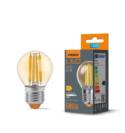 E27 6W LED filament kronepære - G45, 2200K, Amber glass, 360 grader, 750lm