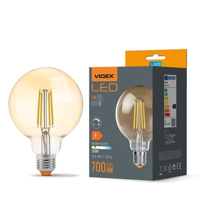 E27 7W dimbar LED pære - G95, Amber glass, Filament, 2200K, erstatter 53W
