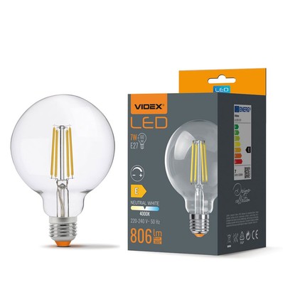 E27 7W dimbar LED pære - G95, 806lm, 4000K, 360 grader, filament glass