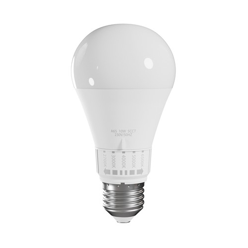 E27 10W LED pære med CCT - 1100lm, 5 lysfarger, A65, 270° spredning
