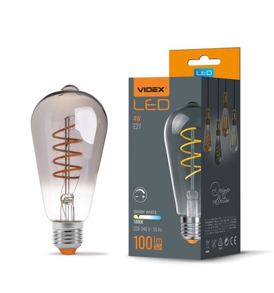 E27 4W ST64 filament LED pære - Grafitt glass, 1800K-2100K, dimbar, flicker free