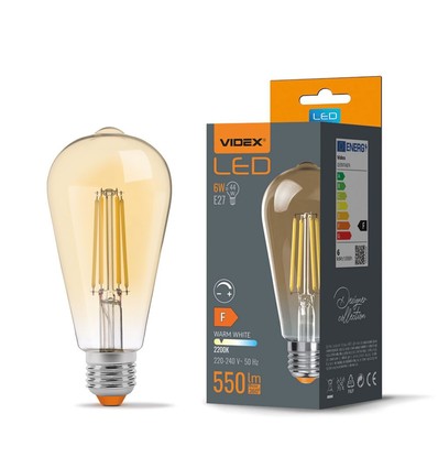 E27 6W dimbar LED pære - ST64, filament, amber glass, 2200K, flicker free