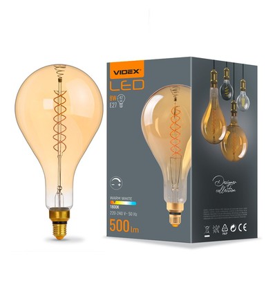 E27 8W dimbar LED pære - PS160, spiral filament, amber glass, 1800K, 500lm