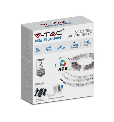 V-Tac 7W/m RGB LED stripe, komplett sett - 5m, 60 LED per meter, inkl. controller og strømforsyning