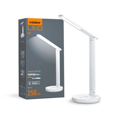 5W oppladbar LED skrivebordslampe - Touch dimbar, CCT, 2600mAh batteri, hvit, inkl. USB-kabel