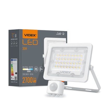 30W Luka LED lyskaster med sensor - 90lm/W, IP65, hvit, 5000K, utendørs