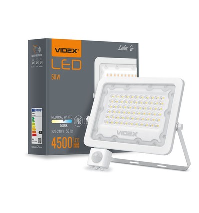 50W LED lyskaster med sensor - 130lm/W, IP65, 5000K, grå, utendørs, arbeidslampe