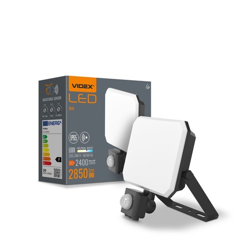 30W LED lyskaster med sensor - 5000K, IP65, sort, PIR bevegelsessensor, utendørs