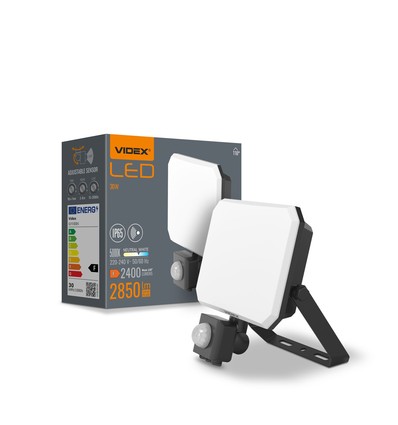 30W LED lyskaster med sensor - 5000K, IP65, sort, PIR bevegelsessensor, utendørs