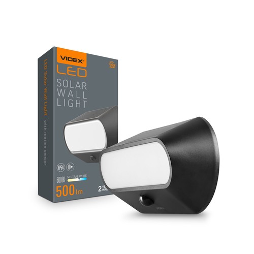 500lm Solcelle LED vegglampe med sensor - IP54, 5000K, sort, bevegelsessensor, utendørs