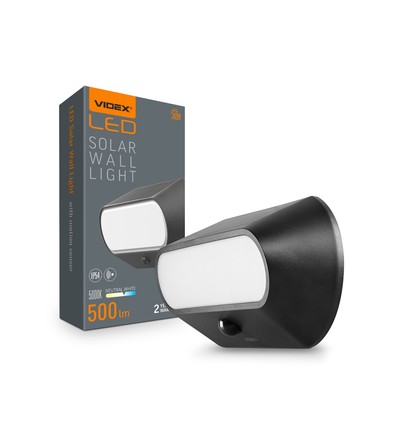 500lm Solcelle LED vegglampe med sensor - IP54, 5000K, sort, bevegelsessensor, utendørs