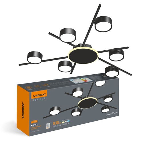 6x GX53 taklampe med backlight, 9W - Sort, 2700K, 830lm, IP20, uten lyskilde til GX53 sokkel