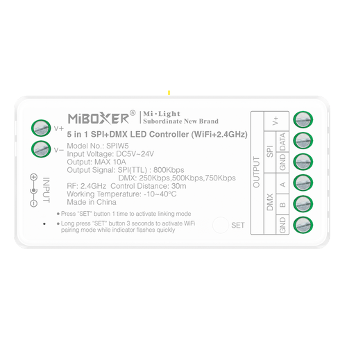 5i1 løpelys DMX+SPI+WIFI strip kontroller - RF, 12V/24V, RGB+CCT