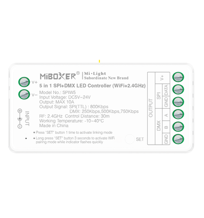 5i1 løpelys DMX+SPI+WIFI strip kontroller - RF, 12V/24V, RGB+CCT