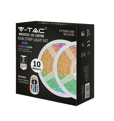 10m (2x5m) RGB strip sett - inkl. fjernkontroll og strømforsyning, 4,8W/m, IP20