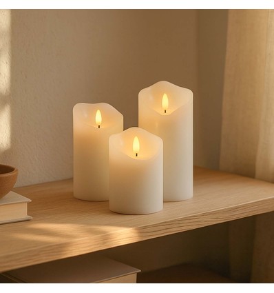 Sett LED Blokklys 10cm høy, flammeeffekt, hvit - Ø7,5cm, 10/12,5/15cm høy, fungerer m. fjernkontroll, timer, ekte stearin