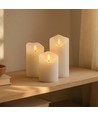 Sett LED Blokklys 10cm høy, flammeeffekt, hvit - Ø7,5cm, 10/12,5/15cm høy, fungerer m. fjernkontroll, timer, ekte stearin