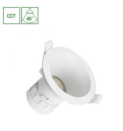 7W Ø9cm Fiale Core indbygningsspot - CCT, hvit, 45 grader, Hull: Ø7,5 cm, Mål: Ø9 cm