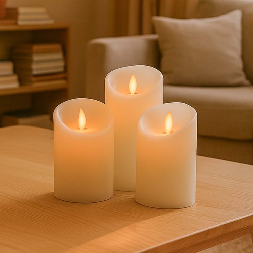 LED-kubbelys, 3 stk, Ø7,5cm, bevegelig flamme, hvit - Inkl. fjernkontroll og timer, 10/13/15cm høy, ekte voks