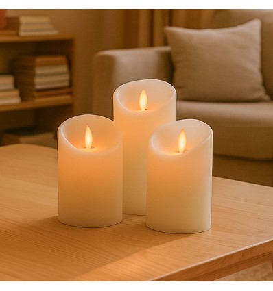 LED Blokklys, 3 stk, Ø7,5cm, bevegelig flamme, hvit - Inkl. fjernkontroll og timer, 10/15/20cm høy, ekte stearin