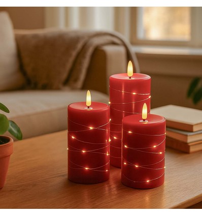 LED Blokklys 3 stk sett med lyskjede, flammeeffekt - Ø7,5cm, 10/12,5/15cm, inkl. fjernkontroll, timer, ekte voks, Rød