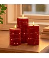 LED Blokklys 3 stk sett med lyskjede, flammeeffekt - Ø7,5cm, 10/12,5/15cm høy, inkl. fjernkontroll, timer, ekte stearin, Rød