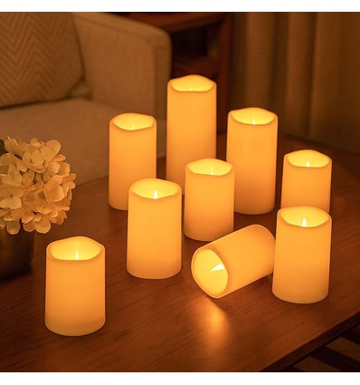 9-pak LED Utendørs blokklys, inkl. fjernkontroll, Ø5,5cm - Høyde: 13/15/17,5cm, Batteri, timerfunksjon, trådløs, tåler vann