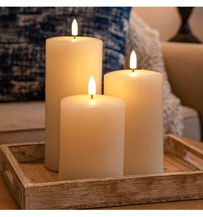 LED Blokklys, 3 stk, flammeeffekt, hvit - Inkl fjernkontroll og timer, 10/12,5/15cm høy, Ø7,5cm, ekte stearin