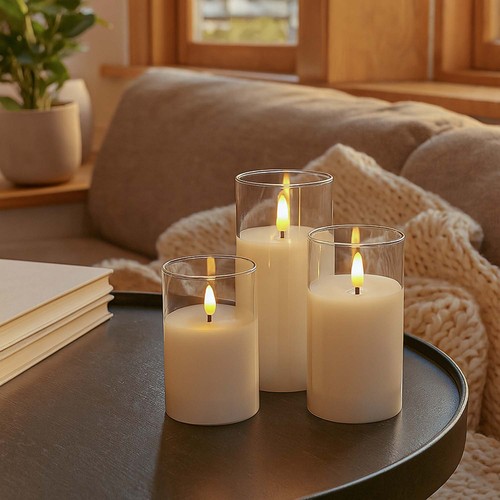 LED Blokklys sett i glass Ø7,5cm, 3 stk, flammeeffekt - Inkl. fjernkontroll og timer, 10/12,5/15cm høy, ekte stearin