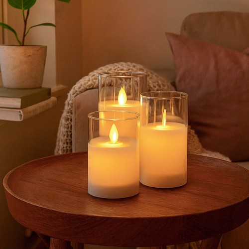 LED Blokklys sett i glass Ø7,5cm, 3 stk, vippende flamme - Inkl. fjernkontroll og timer, 10/12,5/15cm høy, ekte stearin