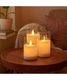 LED Blokklys sett i glass Ø7,5cm, 3 stk, vippende flamme - Inkl. fjernkontroll og timer, 10/12,5/15cm høy, ekte stearin