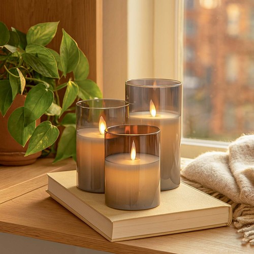 LED Blokklys sett i røykfarget glass Ø7,5cm, 3 stk - Inkl. fjernkontroll og timer, 10/12,5/15cm, ekte voks