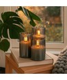 LED Blokklys sett i røykfarget glass Ø7,5cm, 3 stk, flammeeffekt - Inkl. fjernkontroll og timer, 10/12,5/15cm høy, ekte stearin