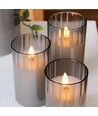 LED Blokklys sett i røykfarget glass Ø7,5cm, 3 stk, flammeeffekt - Inkl. fjernkontroll og timer, 10/12,5/15cm høy, ekte stearin