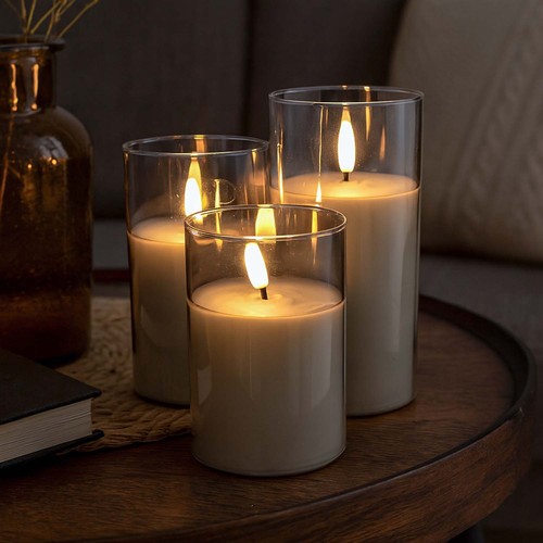 LED Blokklys sett i gråtonet glass Ø7,5cm, 3 stk, flammeeffekt - Inkl. fjernkontroll og timer, 10/12,5/15cm høy, ekte stearin