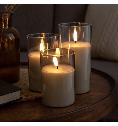 LED Blokklys sett i gråtonet glass Ø7,5cm, 3 stk, flammeeffekt - Inkl. fjernkontroll og timer, 10/12,5/15cm høy, ekte stearin