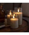 LED Blokklys sett i gråtonet glass Ø7,5cm, 3 stk, flammeeffekt - Inkl. fjernkontroll og timer, 10/12,5/15cm høy, ekte stearin