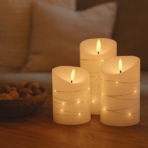 LED Blokklys 3 stk sett med lyskjede, flammeeffekt - Ø7,5cm, 10/12,5/15cm høy, inkl. fjernkontroll, timer, ekte stearin