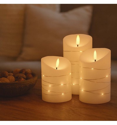 LED-kubbelys 3-pk med lyslenke, flammeeffekt - Ø7,5cm, 10/12,5/15cm, fjernkontroll, timer, ekte voks