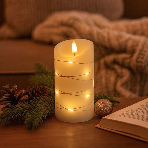 LED Blokklys med lyslenke, 15cm høy, flammeeffekt - Ø7,5cm, 15cm høy, fungerer m. fjernkontroll, ekte stearin