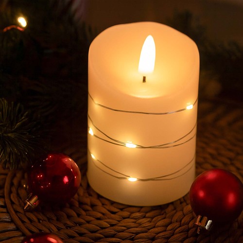 LED Blokklys med lyskjede, 10cm, flammeeffekt - Ø7,5cm, fjernkontroll, ekte voks