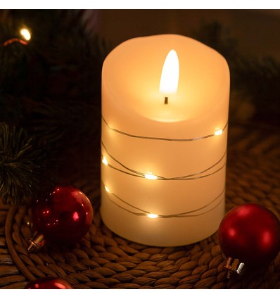 LED Blokklys med lyslenke, 10cm høy, flammeeffekt - Ø7,5cm, 10cm høy, fungerer m. fjernkontroll, ekte stearin