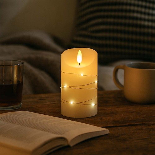 LED Blokklys med lyskjede, 12,5cm høy, flammeeffekt - Ø7,5cm, 12,5cm høy, fungerer m. fjernkontroll, ekte stearin
