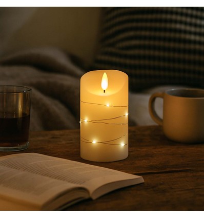 LED Blokklys med lyskjede, 12,5cm høy, flammeeffekt - Ø7,5cm, 12,5cm høy, fungerer m. fjernkontroll, ekte stearin