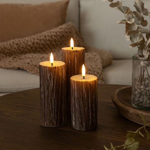 LED Tre-look blokklys 3 stk sett, smelte-look, flammeeffekt - Ø5,5cm, 10/12,5/15cm høy, Inkl fjernkontroll, ekte stearin