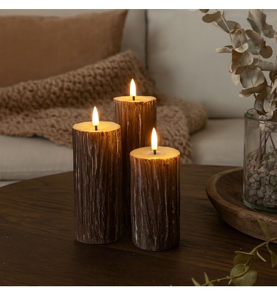 LED Tre-look blokklys 3 stk sett, smelte-look, flammeeffekt - Ø5,5cm, 10/12,5/15cm høy, Inkl fjernkontroll, ekte stearin