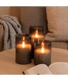 LED Blokklys sett i røykfarget glass Ø7,5cm, 3 stk, flammeeffekt - Inkl. fjernkontroll og timer, 10/12,5/15cm høy, ekte stearin